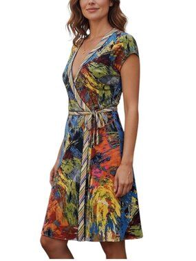 Stretchy Wrap Dress Multicolor Abstract Cap Sleeve V-Neck BCBGMAXAZRIA XXS